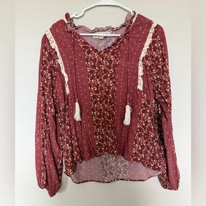 Dolan Burgundy Floral Blouse with Tassels